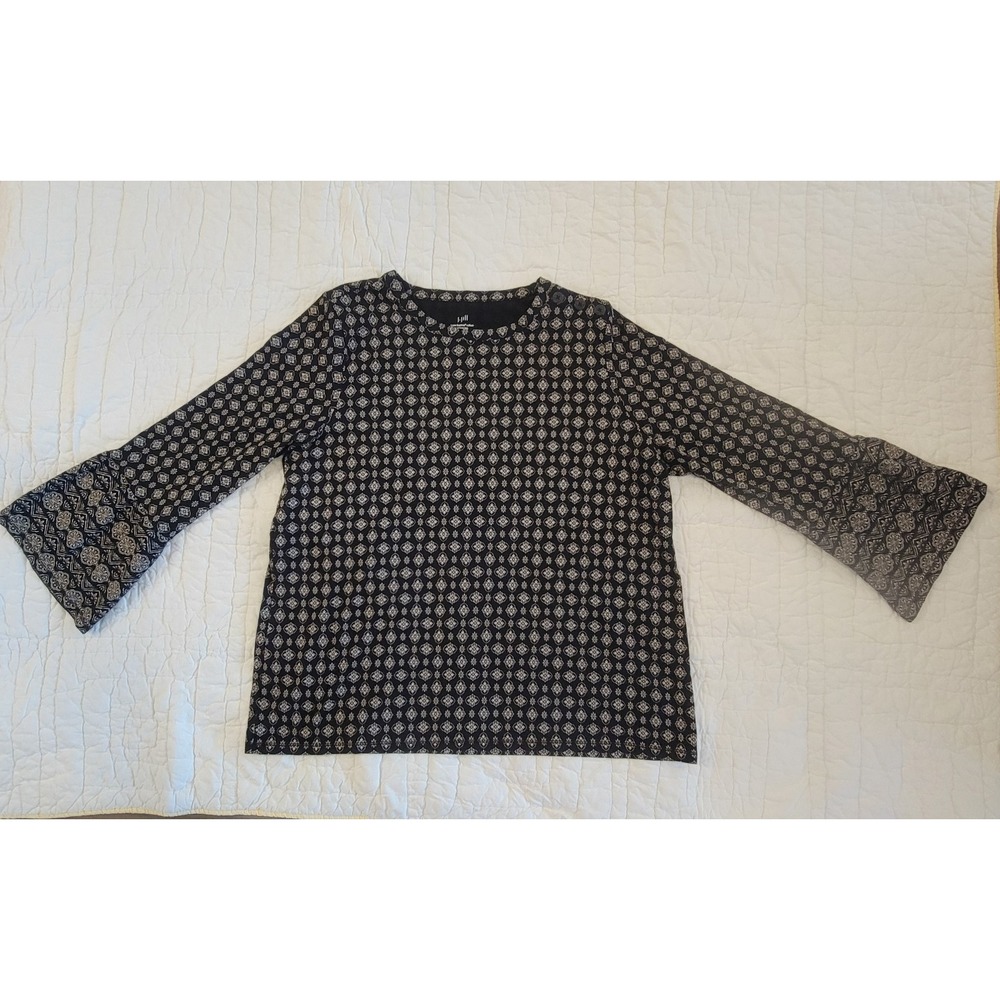 J. Jill Luxe Supima Ruffled Sleeve Top Black White Medallion Boho Capsule Sz L